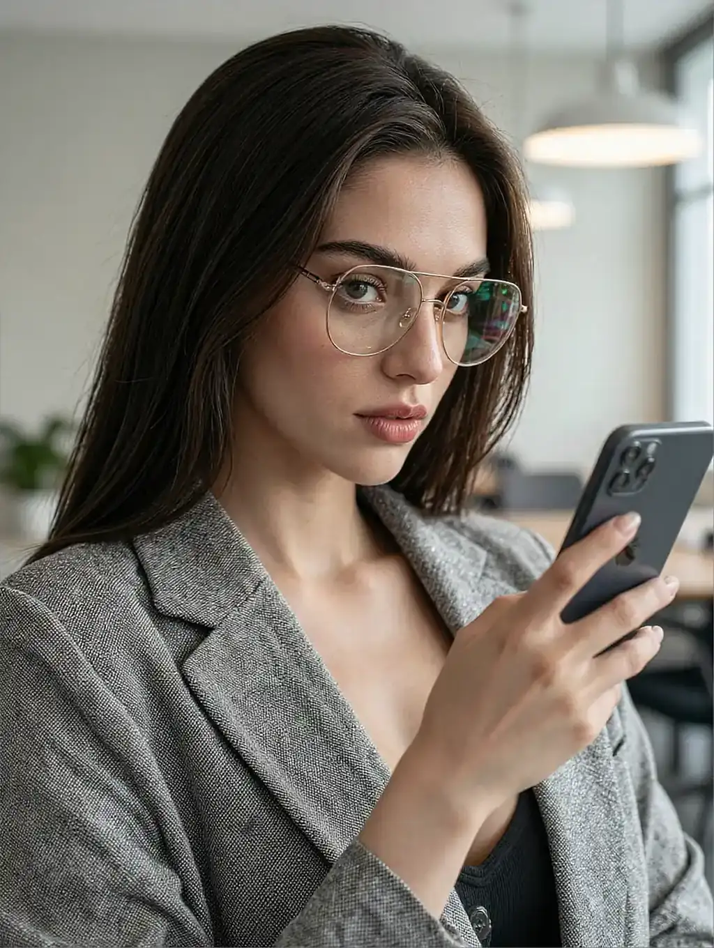 Fictional AI character featured on the fourth landing page, lit by one lamp